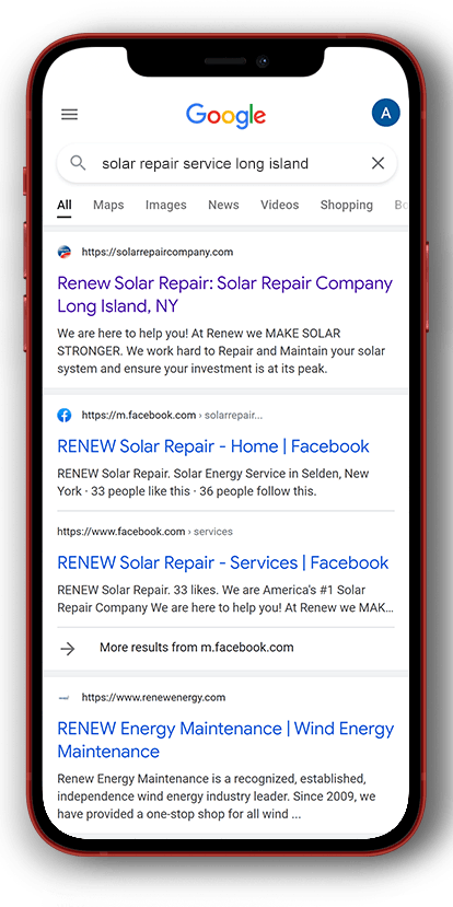 Renew Solar Repair Company SEO results mobile