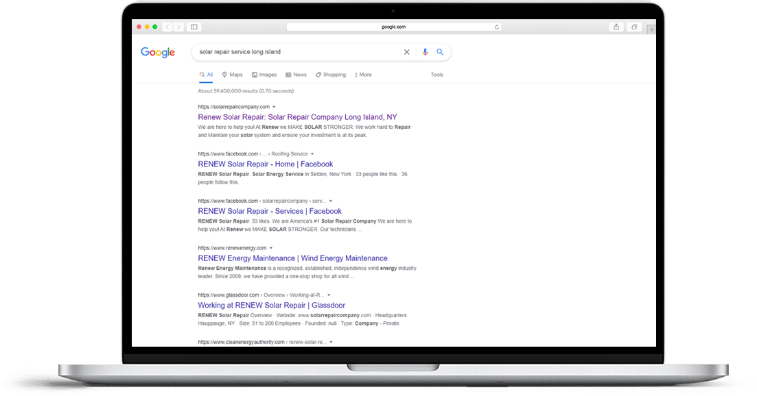 Renew Solar Repair Company SEO results desktop